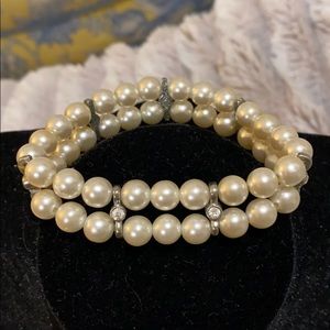 Double Strand Costume Pearl Necklace w CZ crystal